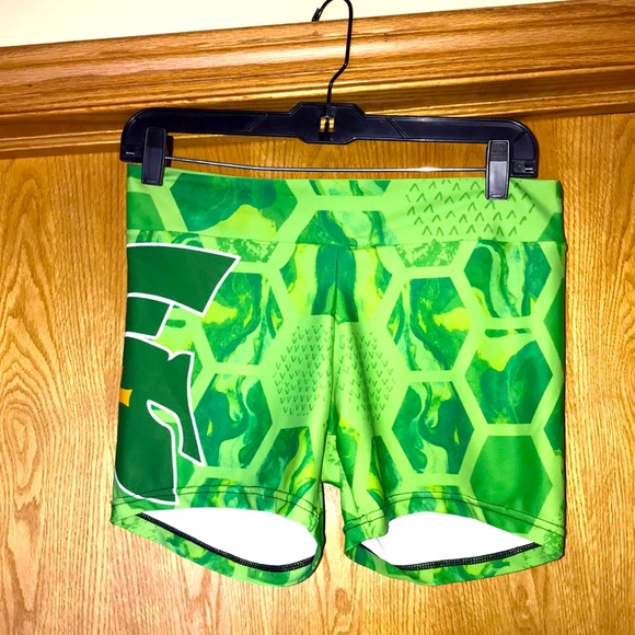 Ajo Dance studio workout Booty Shorts L x 4.25” bright green Trojan detail EUC - Picture 1 of 7